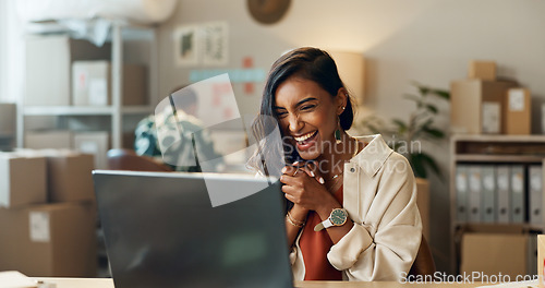 Image of Woman, ecommerce and excited with laptop for sales negotiation, product investment or client growth. Indian, person and happiness for business meeting, profit celebration or logistics target at work