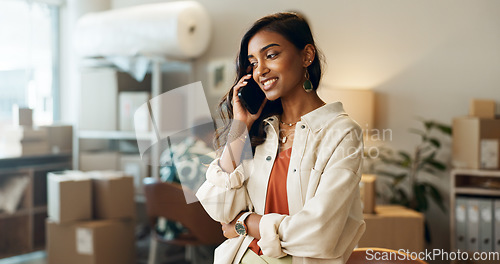 Image of Woman, phone call and communication, ecommerce and logistics, courier company with shipping and small business owner. Discussion about inventory, supplier and delivery with supply chain and retail