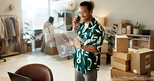 Image of Business, phone call and man with a tablet, boxes or connection with online order, internet or website info. Person, employee or entrepreneur with technology, cellphone or online order with ecommerce