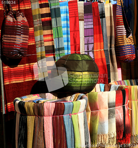 Image of Colorful fabrics for sale in Essaouria, Morocco, Africa.