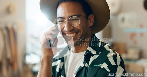 Image of Smile, talking and man on phone call in retail for networking, orders and planning stock. Happy, thinking and an Asian employee in fashion with conversation about a sale at a boutique or shop online