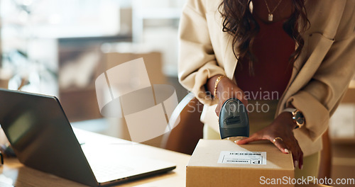 Image of Woman, laptop and hands scan box in logistics for pricing, check or inventory inspection at warehouse. Closeup of female person working with computer, scanner or boxes for storage or price at store