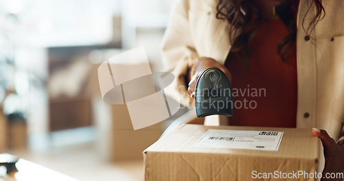 Image of Woman, hands and scan box in logistics for inventory check, storage inspection or pricing at boutique. Closeup of female person or employee scanning boxes for price, barcode or information at store