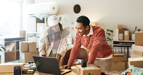 Image of Business partners, boxes and laptop for online meeting, startup and funding for costs, courier and logistics. Man, woman and partnership for ecommerce, team or company for smile, deal or happy