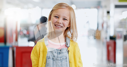 Image of Portrait, girl and child with knowledge for science, convention or exhibition with smile and confidence. Face, student or kid with happiness at scientific tradeshow, workshop or academy for education