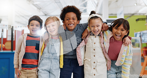 Image of Science, portrait or group of children with smile at convention, expo or exhibition for learning. Kid or face with diversity at tradeshow or scientific conference for knowledge, workshop or education