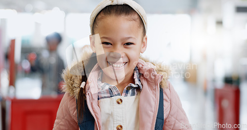 Image of Portrait, girl and child with education for science, convention or exhibition with smile and backpack. Face, student and kid with happiness for knowledge, learning or scholarship at academy or school