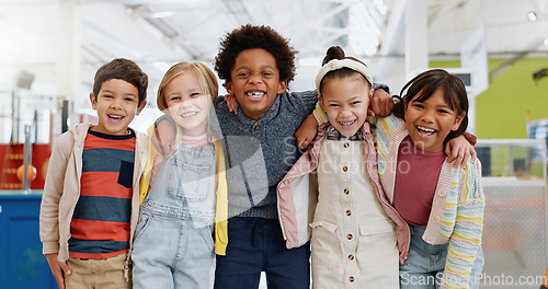 Image of Science, portrait and group of children with happiness at convention, expo or exhibition for workshop. Student, kid or face with smile at tradeshow or scientific conference for knowledge or education