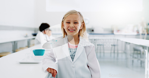 Image of Portrait, girl and child with lab coat for science, convention or exhibition with smile and education. Face, student and kid with happiness at scientific tradeshow, workshop or academy for knowledge