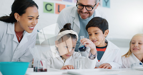 Image of Science, school and students in class with their teachers for learning or to study chemistry. Children, education and scholarship with kids in a laboratory for an experiment of chemical reaction