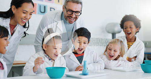 Image of Science, wow and children in class with their teachers for learning or to study chemistry. Surprise, school and scholarship with student kids in a laboratory for an experiment of chemical reaction