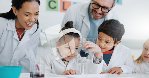 Image of Science, education and students in a classroom with their teachers for learning or to study chemistry. Children, school and scholarship with kids in a lab for an experiment of chemical reaction