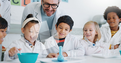 Image of Science, education and student kids in class with their teachers for learning or to study chemistry. Future, school or scholarship with children in a laboratory for an experiment of chemical reaction