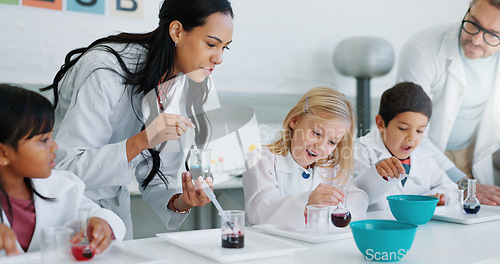 Image of Science, chemical and students in class with their teachers for learning or to study chemistry. Wow, children and education with kids in a school laboratory for an experiment of surprise reaction