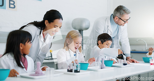 Image of Science, education and students in class with their teachers for learning or to study chemistry. Children, school and scholarship with kids in a laboratory for an experiment of chemical reaction