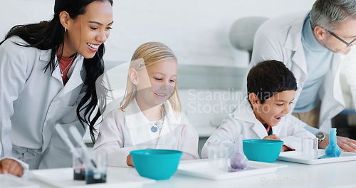 Image of Science, education and students in a laboratory with their teachers for learning or to study chemistry. Children, school and scholarship with kids in class for an experiment of chemical reaction