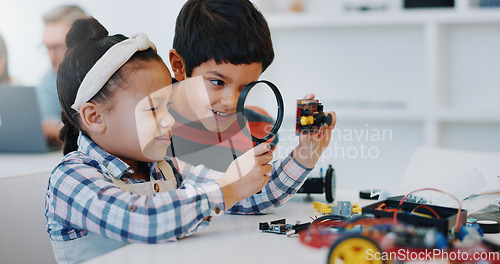 Image of Students magnifying glass and classroom for robotics, education and learning for technology, science and school project. Kindergarten, children or thinking with kids, study and inspection research