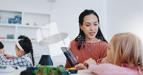 Image of Science, tablet and teacher with child in classroom for research on a project in school. Knowledge, education and woman educator or tutor helping girl kid student on digital technology for chemistry.