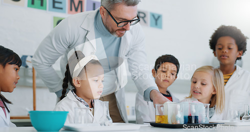 Image of Chemistry, teacher and students with education, classroom and science with research, conversation and experiment. School, man and children with educator, laboratory or kids with support and questions