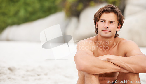 Image of Man, beach or sand thinking relax for vacation plans, summer sunshine, or tropical ocean. Male person, thoughts confused at outdoor view or sea salt hair for wondering, fresh air or interesting sight