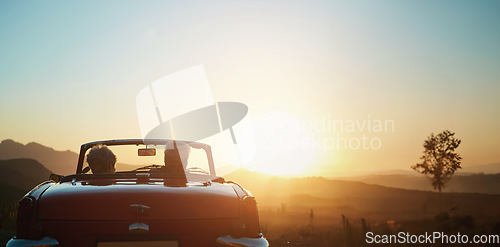 Image of Back, sunset and a senior couple on a road trip in a convertible car for travel, freedom or adventure together. Love, mockup or view of nature with an elderly man and woman in a vehicle for a drive