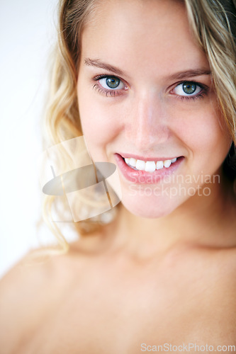 Image of Portrait, natural beauty and skincare of happy woman for dermatology or cosmetic. Face, blonde girl and smile of model for aesthetic, facial skin health and wellness isolated on a white background