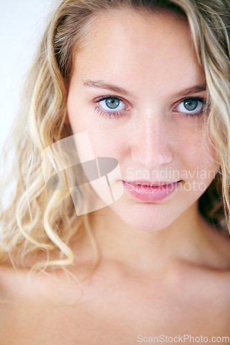 Image of Portrait, skincare and natural beauty of woman for dermatology, cosmetic and spa treatment. Face, happy blonde girl and aesthetic, facial skin health or glow for wellness isolated on white background