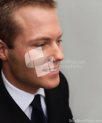 Image of Business man, closeup and smile in profile with thinking, vision and suit for corporate legal knowledge. Happy attorney, advocate and lawyer with idea, decision or choice with solution for compliance