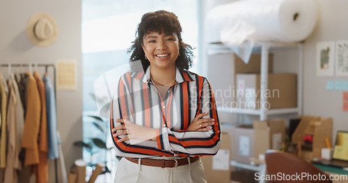 Image of Portrait, happy woman and fashion designer with arms crossed in boutique, clothes store or startup. Confidence, tailor and business professional, entrepreneur or creative worker smile in South Africa