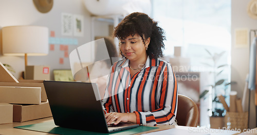 Image of Small business, research and happy woman with laptop in office for logistics, sales or ecommerce. Supply chain, face and female store owner online for communication, cargo or retail stock procurement