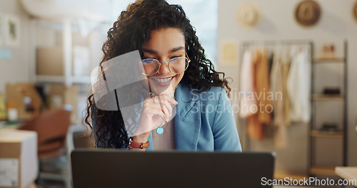 Image of Smile, thinking and woman with a laptop, ecommerce and connection with startup, email notification and planning. Person, entrepreneur or employee with a pc, brainstorming and online reading with info