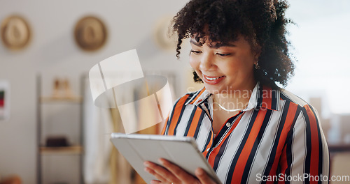 Image of Startup, boxes and woman with a tablet, business and smile with connection, internet or delivery with sales. Internet, person or employee with ecommerce, shipping or company website with online order