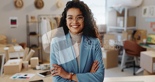 Image of Portrait, business woman and fashion designer with arms crossed in clothes store or startup. Confidence, happy tailor and face of professional, entrepreneur and creative worker in glasses in Brazil