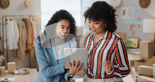 Image of Happy woman, fashion designer and tablet in teamwork, research or planning for small business at boutique. Female person or team smile with technology in supply chain, distribution or courier service