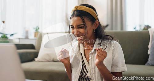 Image of Woman, winner and celebration with laptop in home living room on floor for smile, success or profit on stock market. Trader girl, investor and cheers by computer for goals, bonus or fist for revenue