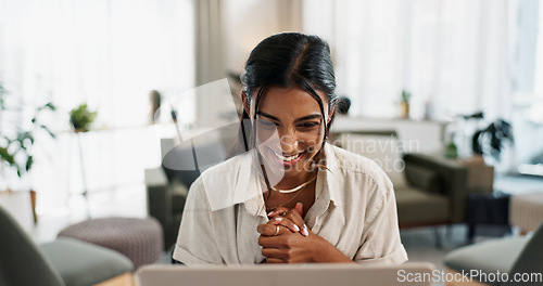 Image of Laptop, woman and living room with excited for success in remote work, bonus and business feedback. Computer, technology and indian person as freelancer, happy and reading manager report on project