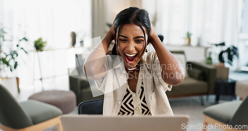 Image of Excited woman, laptop and surprise for winning, bonus promotion or good news at home office. Shocked female person or freelancer smile in wow or omg for lottery, prize or sale discount on promo deal