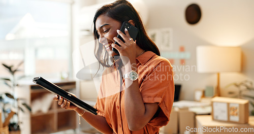 Image of Happy woman, tablet and phone call for communication in logistics, supply chain or small business at retail store. Female person or employee talking on mobile smartphone with technology for order