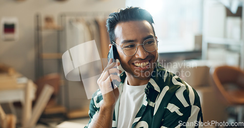 Image of Phone call, fashion and designer with man for small business, thinking of startup and communication in office. Young entrepreneur, seller or tailor on mobile for e commerce contact and clothes idea