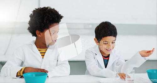 Image of Science, students and boys in a classroom, conversation and chemistry with education, talking and learning. Friends, kids and children with discussion, teaching and knowledge with experiment and fun