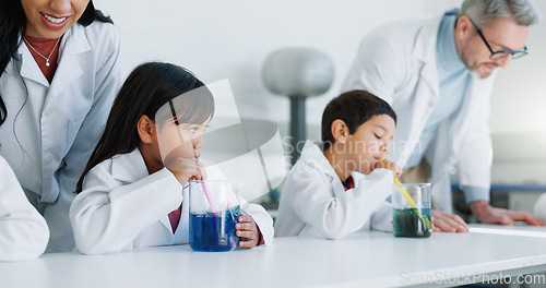 Image of School kids, experiment and class for science, learning or teacher with info, guide and knowledge in lab. Children, boy and girl with chemistry, container and scholarship for innovation with gas