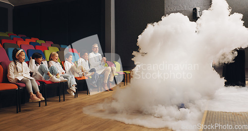 Image of Chemistry, science and smoke with students and classroom with biotechnology and physics test. Scientist, chemical reaction and solution with research and school field trip to laboratory with class