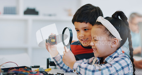 Image of Children, magnifying glass and school for robotics, teamwork and learning for technology, science and education. Childhood, students or innovation with kids, studying or inspection project research