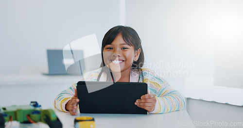 Image of Smile, portrait and child in classroom with tablet, education and learning science with website. School, internet and face of happy girl with digital app for robotics, online research and technology.