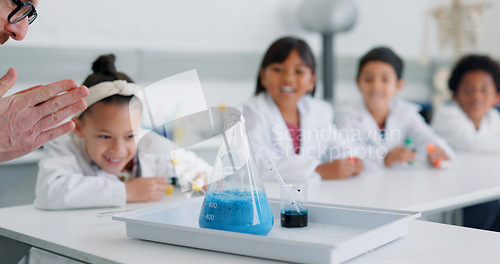 Image of School kids, science and teacher with beaker in class for learning, information or experiment for knowledge. Children, boy and girl with education, mentor or scholarship for innovation in laboratory