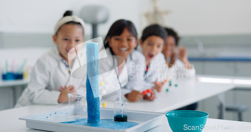 Image of Experiment, science class and reaction with chemical and classroom project with learning and education. Excited, children and school work with study, chemistry and student with research knowledge