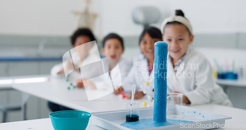 Image of Science, experiment and chemical reaction with kids in a classroom at school for education or development. Learning, wow and glass with student children in class to study research or innovation