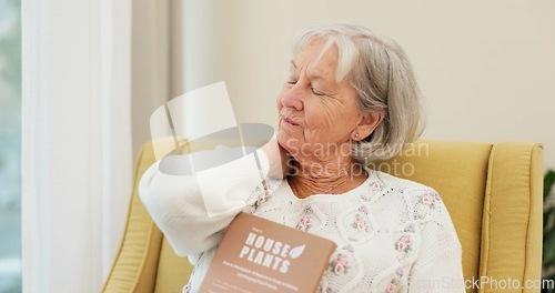 Image of Senior, woman and neck pain on a sofa with arthritis, discomfort and fibromyalgia in her home. Shoulder, stress and elderly female in a living room with muscle crisis, inflammation or posture fail