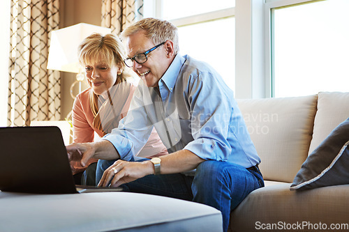 Image of Laptop, mature or happy couple in home typing for savings, property investment or online shopping together. Ecommerce website, smile or senior people planning for investing or research on pc on sofa