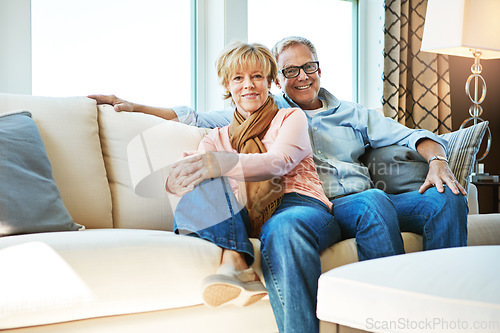 Image of Relax, retirement and portrait of couple on sofa for bonding, healthy relationship and marriage. Happy, home and senior man and woman hug on couch for love, commitment and embrace in living room